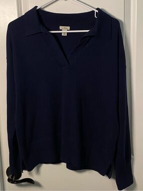 L.L. Bean Navy Long-Sleeve Collared Cotton Cashmere Sweater